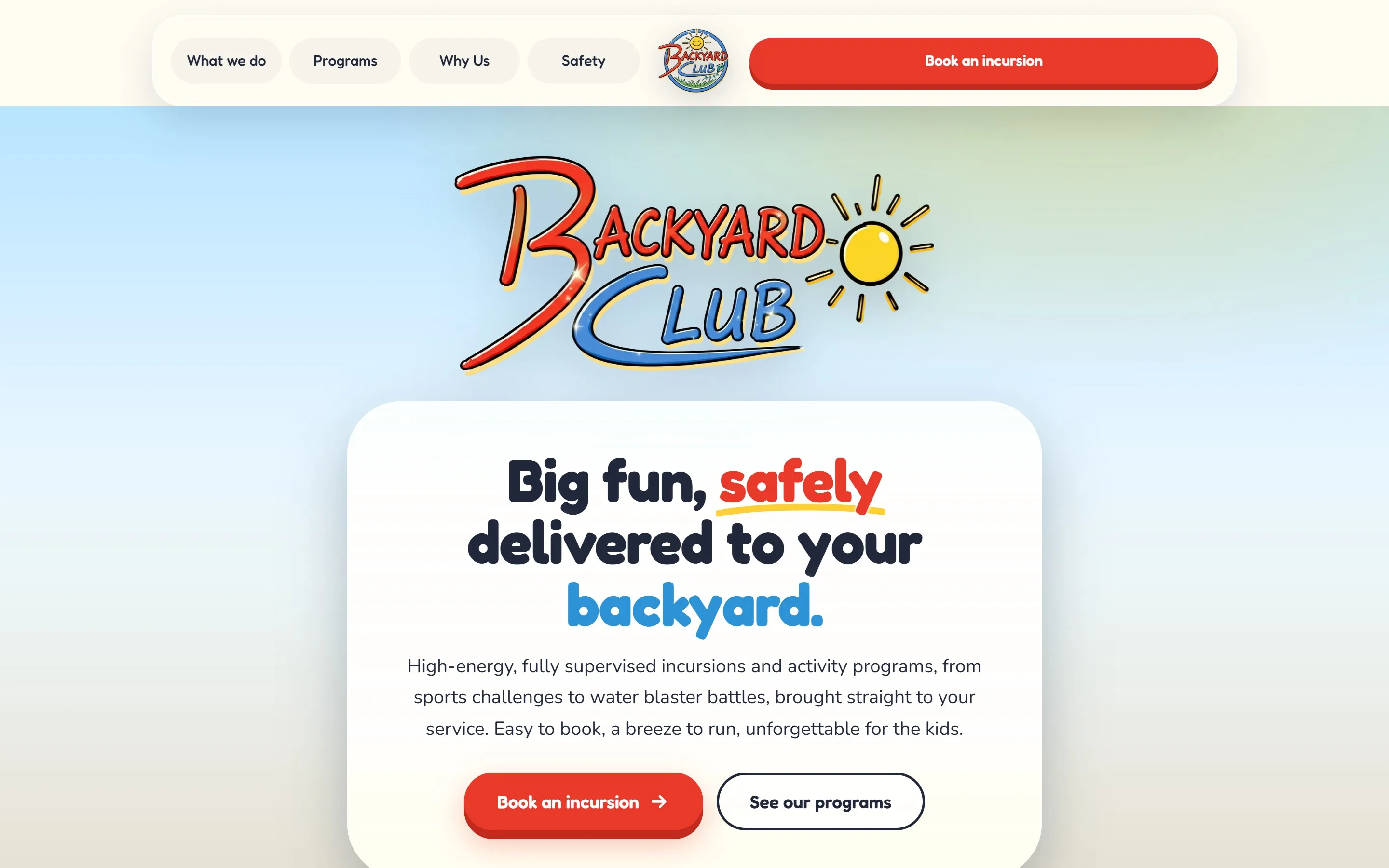 The Backyard Club website, desktop view