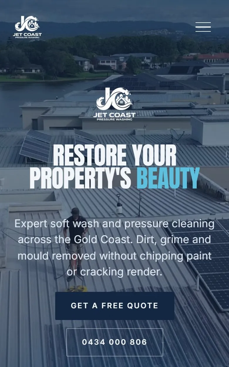 Jet Coast Pressure Washing website on a phone